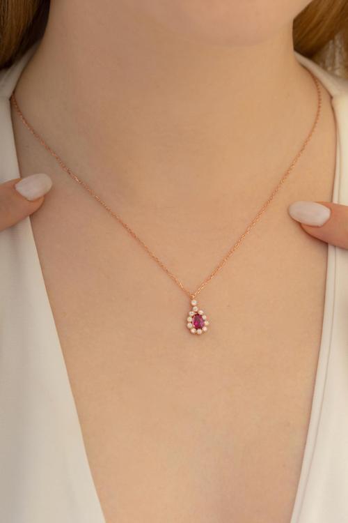 Rose Renk Damla Model Yakut Taşlı Kadın Gümüş Kolye Gkldmlm1Del-Ros