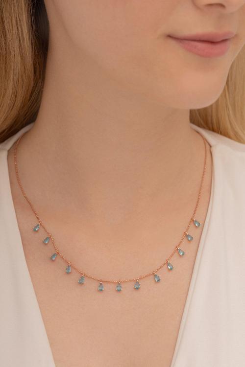 Kadın Gümüş Kolye - Aquamarin Damla Model Taşlı Rose Kadın Gümüş Kolye Gkltsklym4D-Ros