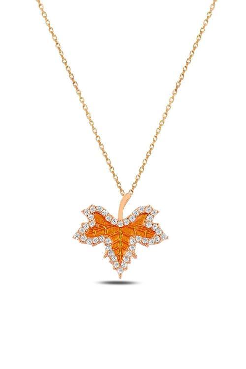 Zirkon Taşlı Rose Renk Kurumuş Yaprak Model Kadın Gümüş Kolye Gklyprkmdl2-Ros