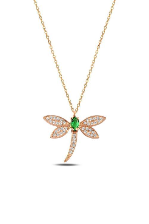 Renkli Zirkon Taşlı Rose Renk Yusufçuk Bayan Gümüş Kolye