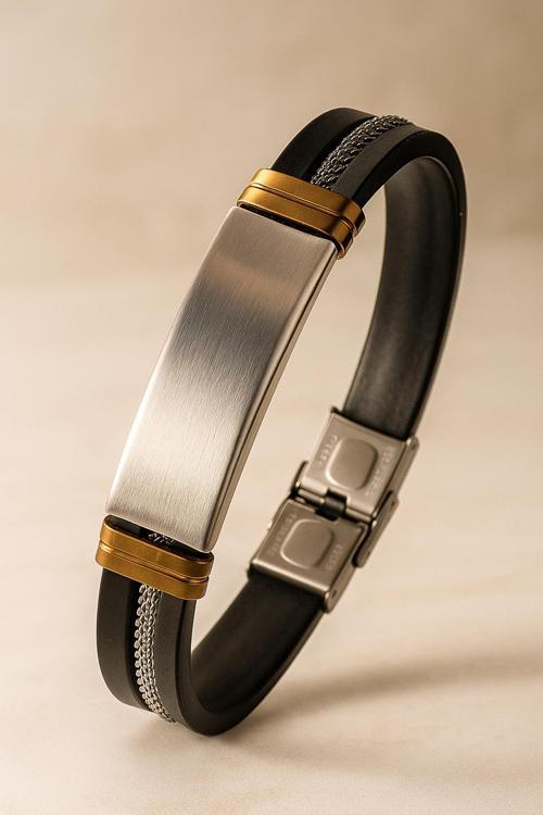 Erkek İsim Yazılabilir Hasır Detaylı Kauçuk Çelik Bileklik Künye