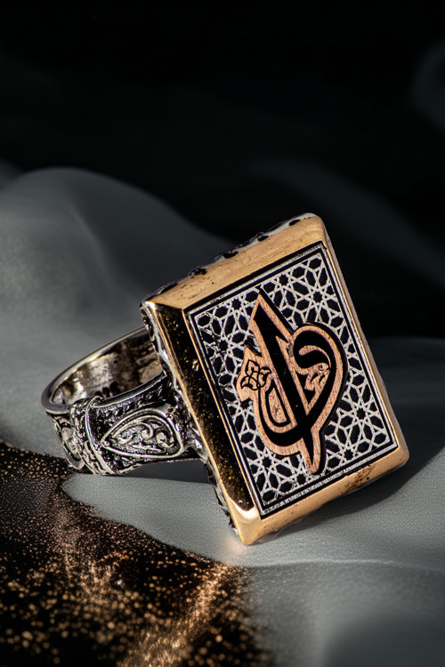 Erkek Vav Elif İşlemeli Yanı Damla Motifli Dikdörtgen Model 925 Ayar Gümüş Yüzük
