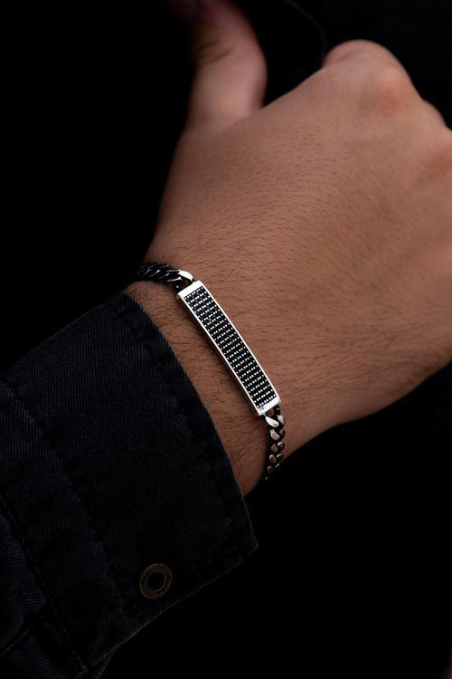 Erkek Gümüş Bileklik -Taç Mahal Oksitli Gurmet Zincir Beyaz Zirkon Taşlı Gümüş Bileklik