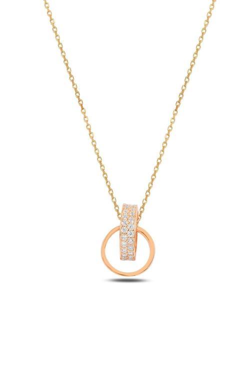 Zirkon Taşlı Rose Renk Çift Yüzük Model Kadın Gümüş Kolye Gklcftyzkm1-Ros