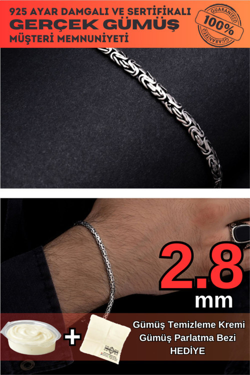 Erkek Gümüş Bileklik - 2.8Mm Yassı Ezme Kral Model 925 Ayar Gümüş Erkek Bileklik