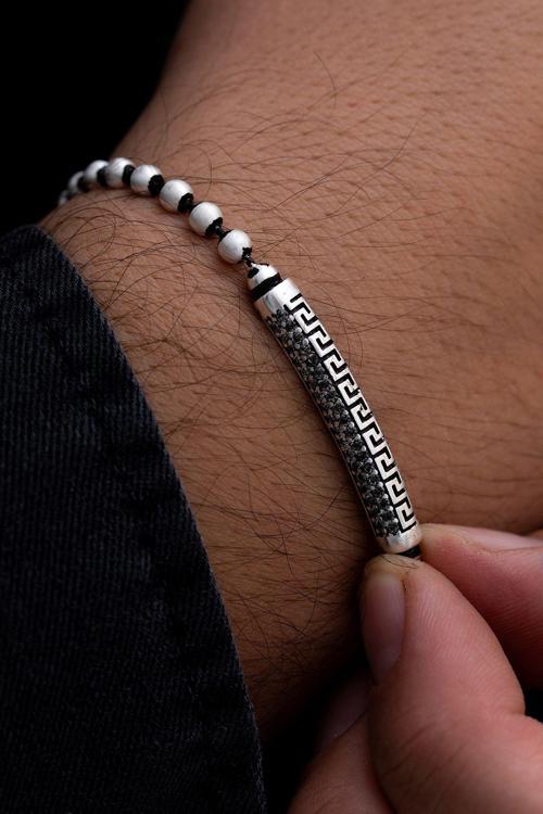 Erkek Gümüş Bileklik -Top Zincirli Grek Desenli Siyah Zirkon Taşlı Gümüş Bileklik