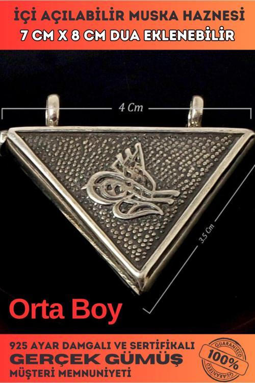 Orta Boy Tuğralı Gümüş Muska Haznesi Deri Kolye Hediyeli