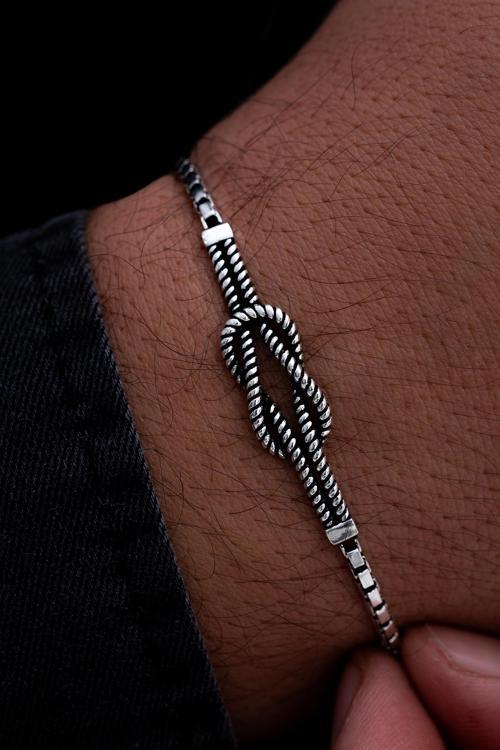 Erkek Gümüş Bileklik - Küp Zincirli Gemici Düğümü Gümüş Bileklik