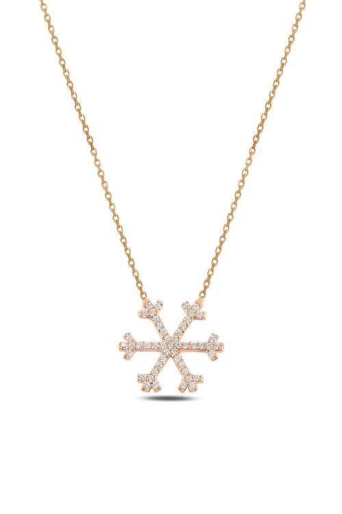 Zirkon Taşlı Rose Renk Kar Tanesi Model Kadın Gümüş Kolye Gklkrtnsm2D-Ros