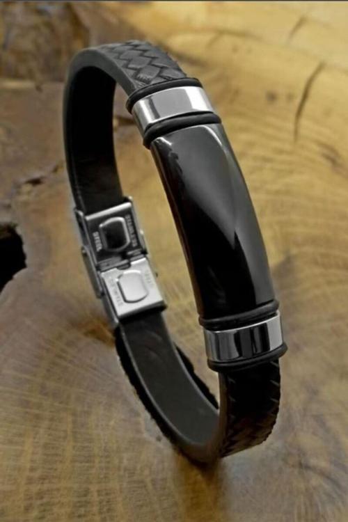 İsimli Örme Deri Siyah Erkek Çelik Bileklik Künye Cblksyzlclk-Syh