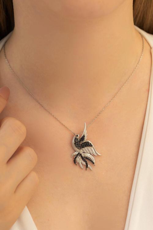Kadın Gümüş Kolye - Büyük Boy Gümüş Simurg Zümrüdü Anka Kuşu Kolye