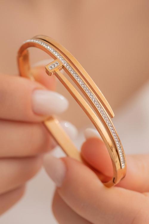 Kadın Çelik Bileklik - Rose Kaplama (Kararmaz) Taşlı Çivi Model 3 Sıra Kadın Kelepçe