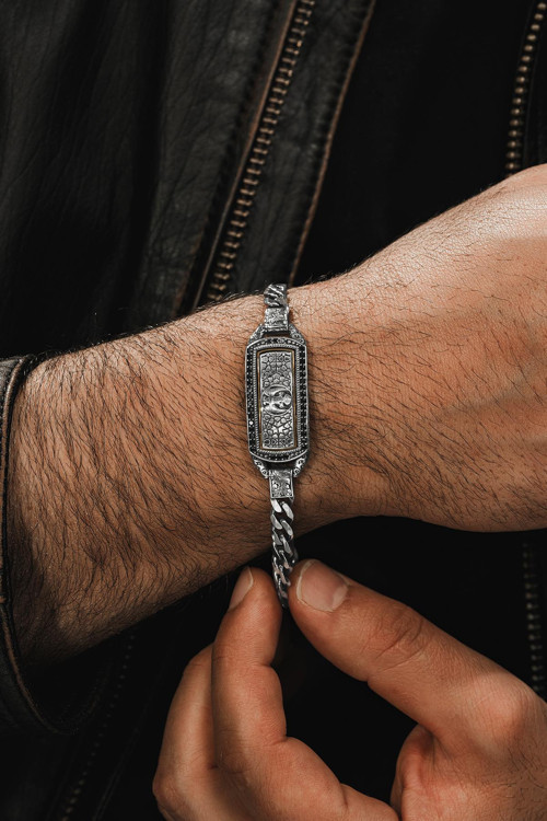 Erkek Gümüş Bileklik - Çift Selçuklu Kartalı Işlemeli Oksitli Gurmet Model 925 Ayar Erkek Bileklik