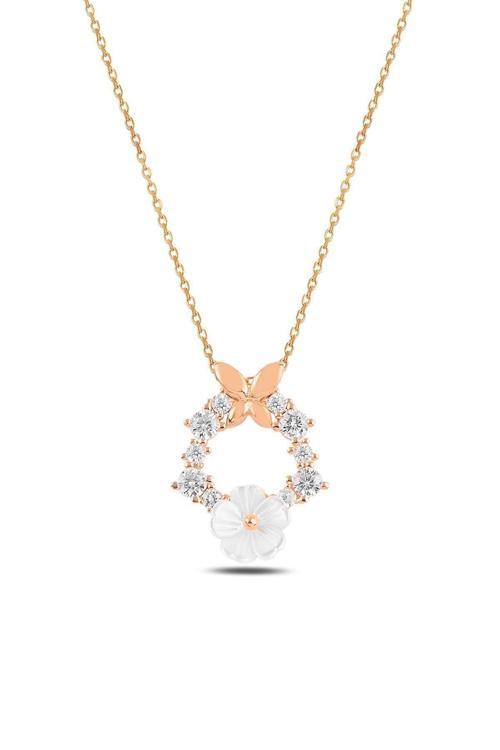 Zirkon Taşlı Rose Manolya Çiçeği Model Kadın Gümüş Kolye Gklmnlycck1-Ros