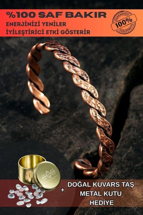 Saf Bakır Bileklik Otantik Model Örgü Metal Kutu Kuvars Taş, Kadın Erkek Kelepçe