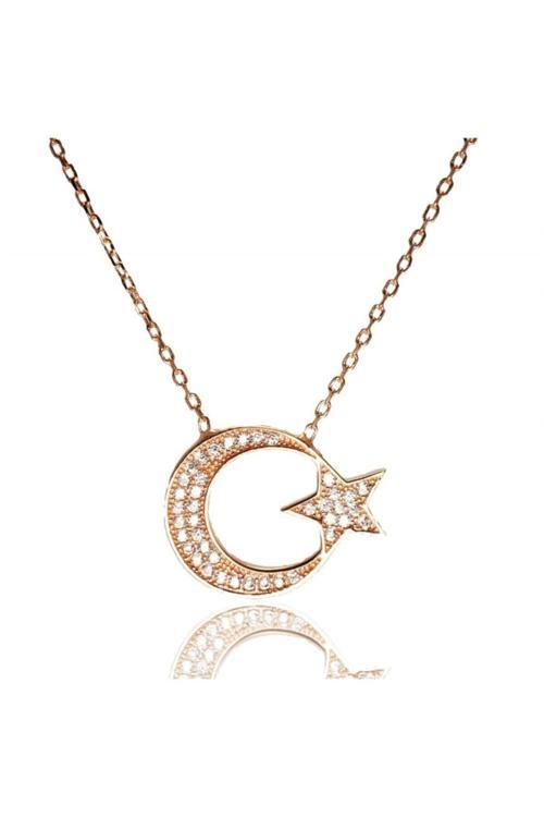 Rose Gümüş Bayan Ayyıldız Bayrak Kolye