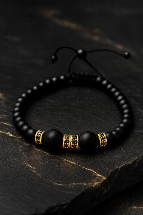 Altın Detaylı Siyah Mat Taşlı Erkek Bileklik – Ayarlanabilir Şık Model