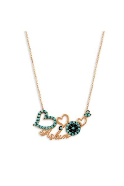 Aşkıma Nazar Değmesin Kalpli Turkuaz Taşlı Bayan Gümüş Kolye