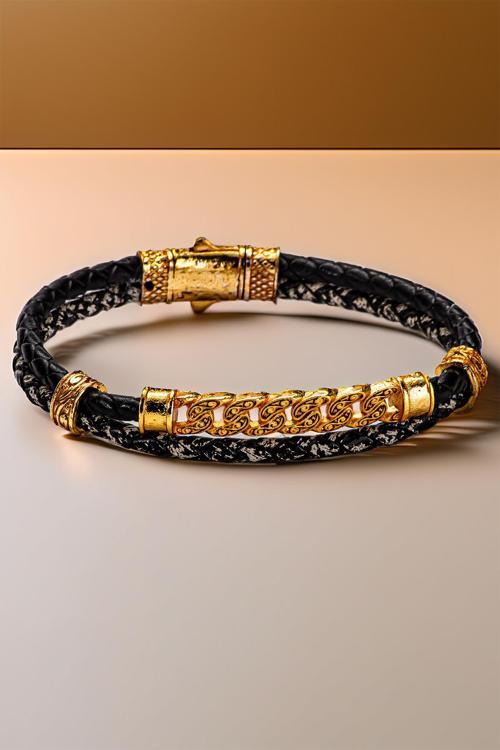 Altın Zincir Detaylı Siyah Deri Erkek Bileklik – Çift Örgü Tasarım