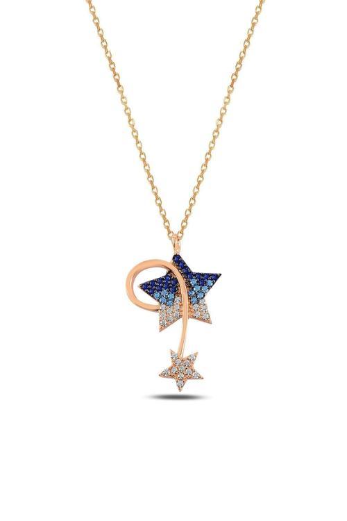Zirkon Taşlı Rose Renk Kayan Yıldız Model Kadın Gümüş Kolye Gklkynyldz1-Ros