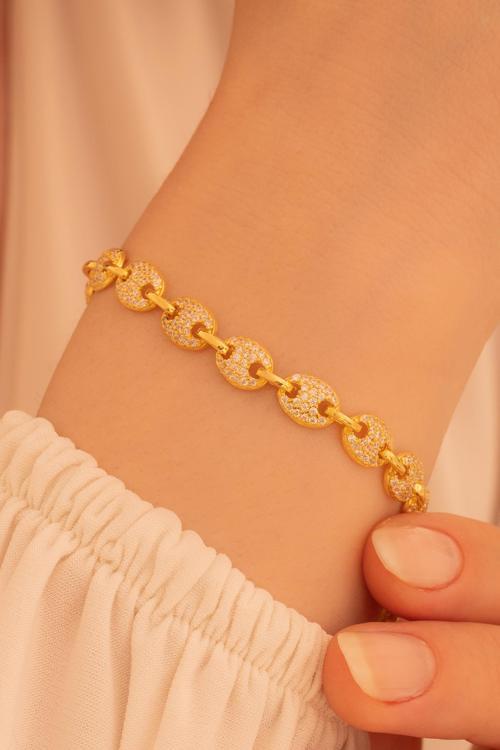 Kadın Gümüş Bileklik - Zirkon Taşlı Altın Kaplama Gemici Model Kadın Bileklik