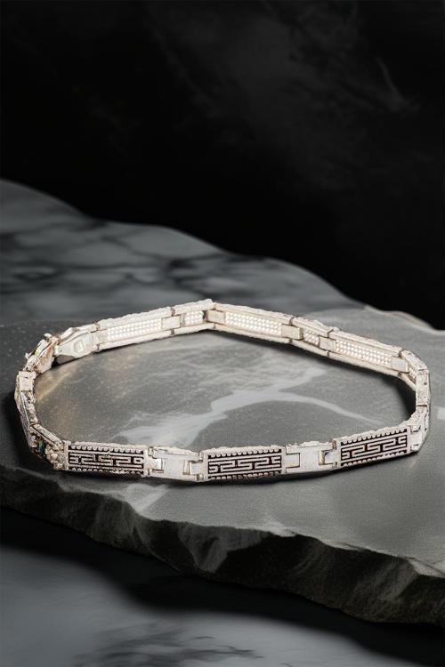 Erkek Gümüş Bileklik - Grek Desenli İnce Kibar Model Parlak Bileklik