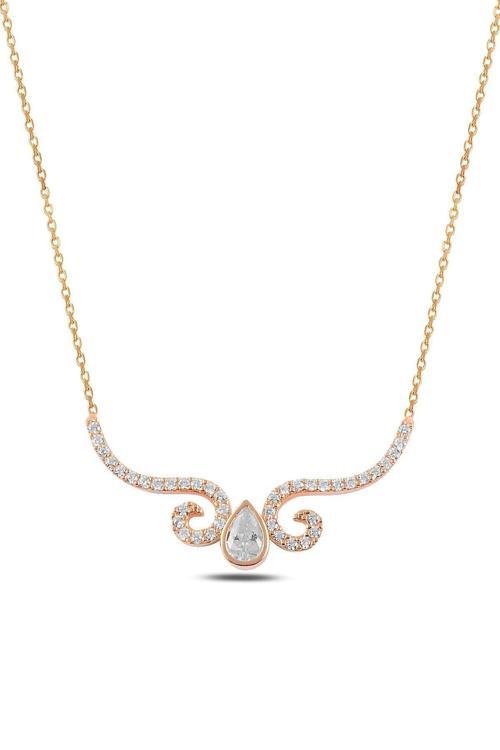 Zirkon Taşlı Rose Damla Model Kadın Gümüş Kolye Gkldmlm3Del-Ros
