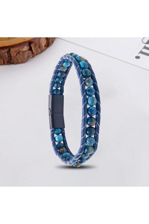 Erkek Doğaltaş Bileklik - 6Mm Damarlı Mat Mavi Akik Taşlı Deri Kordon Ve Çelik Bileklik