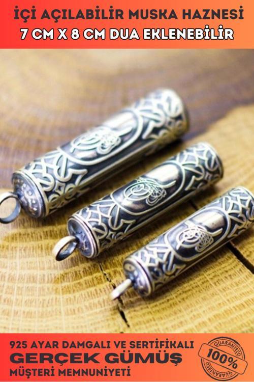 Erkek Gümüş Kolye - Tuğralı Silindir Yuvarlak Gümüş Muska Haznesi Deri Kolye Hediyeli Orta