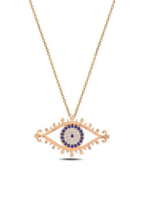 Zirkon Taşlı Rose Nazarlıklı Göz Model Gümüş Kadın Kolye Gklgozmodl3-Ros