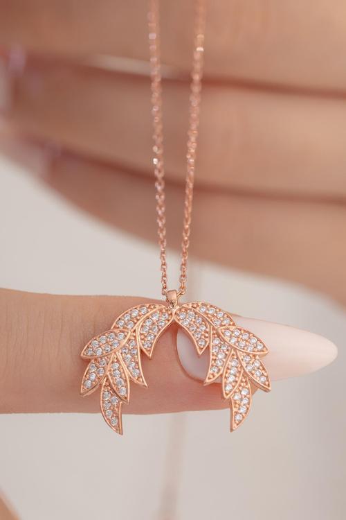 Zirkon Taşlı Rose Kanat Model Kadın Gümüş Kolye Gklkntm1Del-Ros