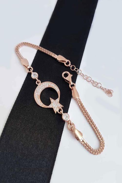Ay Yıldız Bayan Gümüş Bileklik Zirkon Taşlı Rose