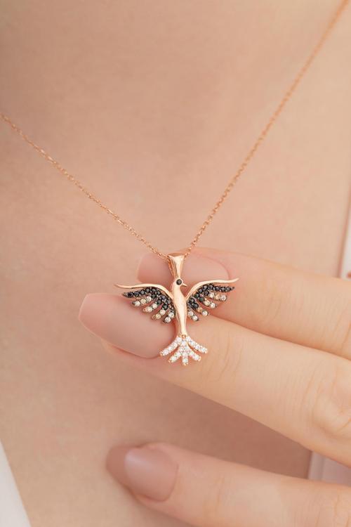 Zümrüdü Anka Kuşu Rose Renk Bayan Gümüş Kolye