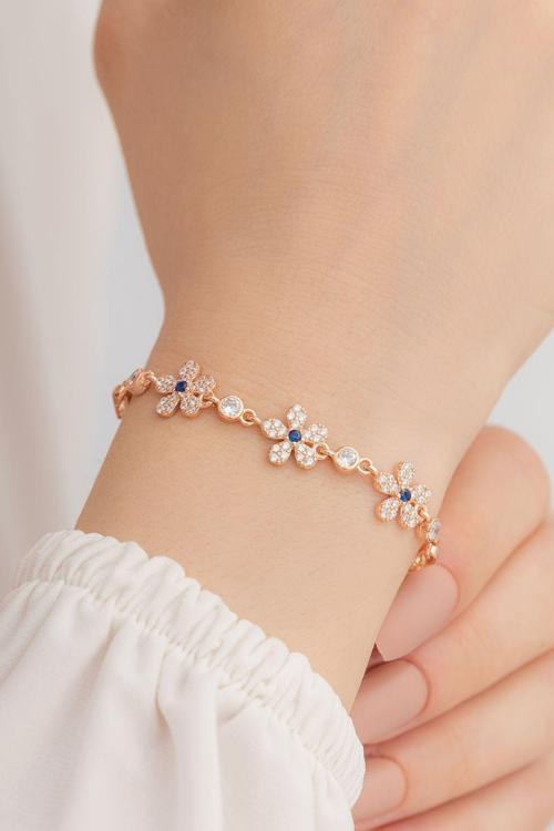 Kadın Gümüş Bileklik - Zirkon Taşlı Rose 5 Yapraklı Yonca Gümüş Bileklik
