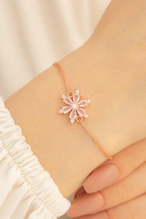 Kadın Gümüş Bileklik - Pembe Taşlı Çiçek Model Rose Kadın Gümüş Bileklik