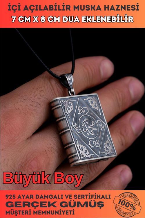 Erkek Gümüş Kolye - Büyük Boy Gümüş Allah Ve Muhammed Yazılı Kitap Model Muska Haznesi Cevşen