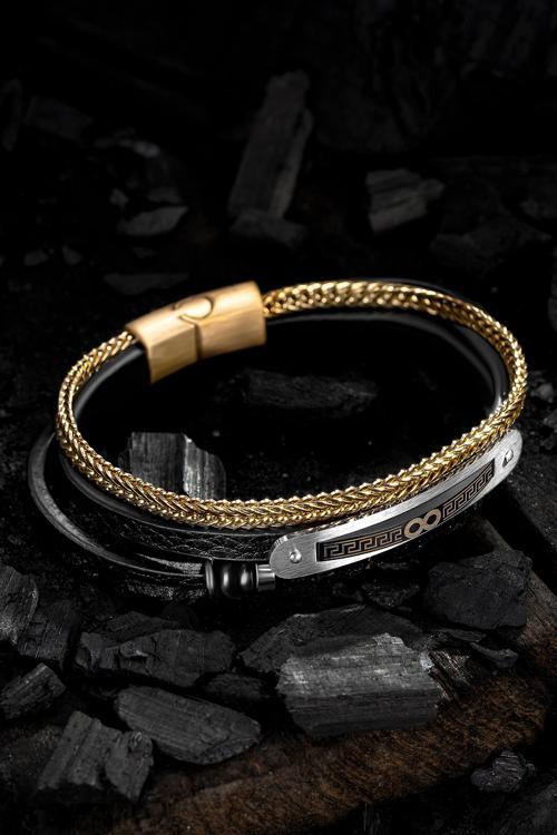 Doğal Oniks Taşlı Deri Çelik 3 Lü Erkek Bileklik Sonsuzluk Ve Grek Motifli