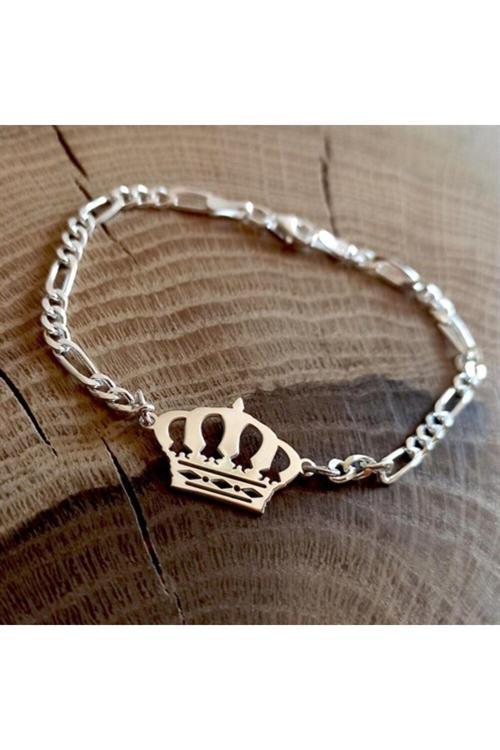 Erkek Gümüş Bileklik - Taç Model Erkek Gümüş Bileklik Künye Kalın Figaro Model