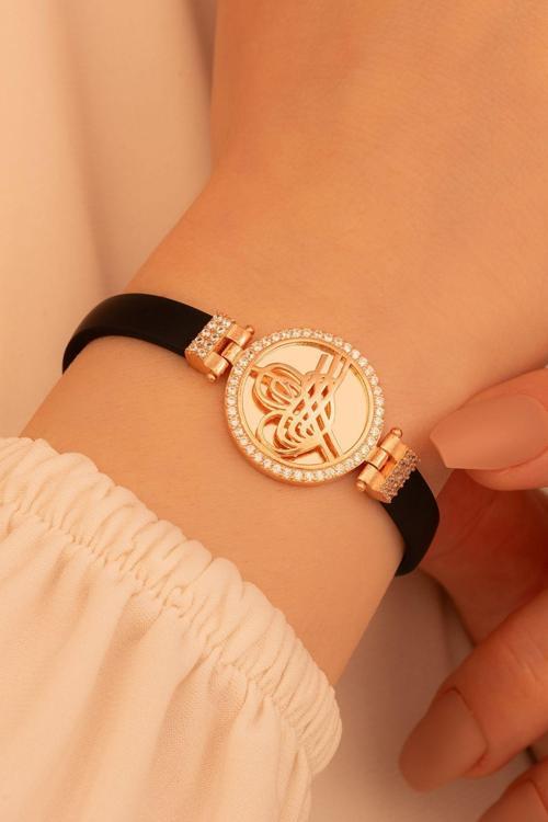 Kadın Gümüş Bileklik - Zirkon Taşlı Rose Renk Osmanlı Tuğralı Kadın Gümüş Bileklik