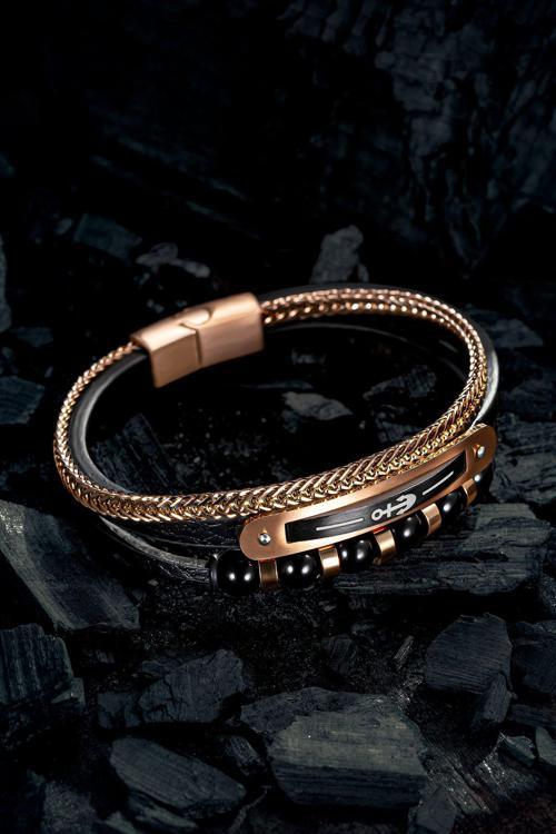 Doğal Oniks Taşlı Deri Çelik 3 Lü Erkek Bileklik Çapa Motifli
