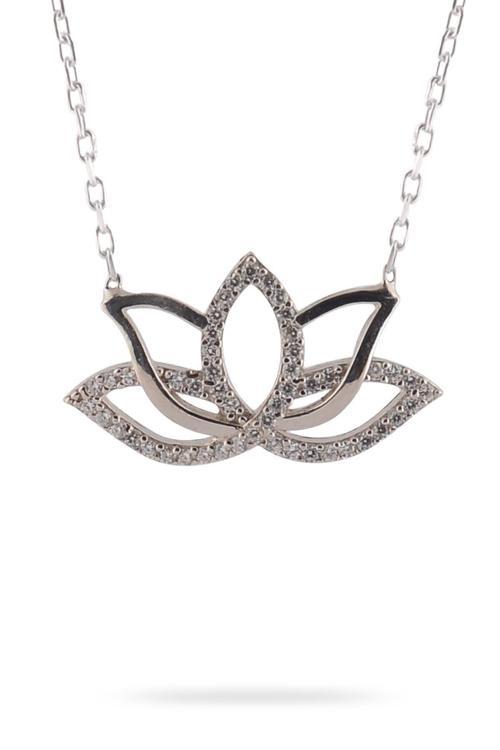 Lotus Çiçeği Beyaz Zirkon Taşlı Bayan 925 Ayar Gümüş Kolye Gkllotuskly-Gms