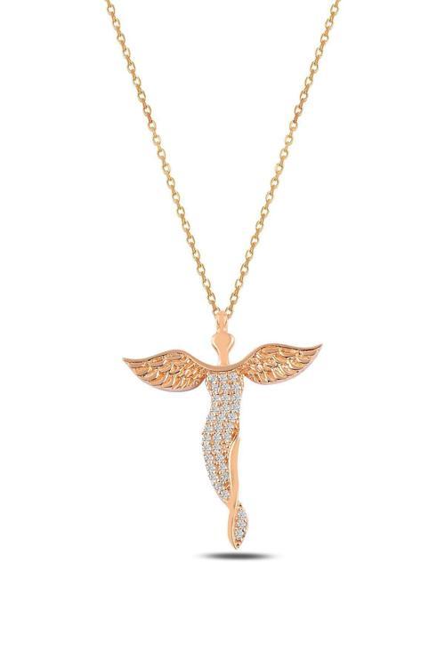 Zirkon Taşlı Rose Melek Model Kadın Gümüş Kolye Gklmlkm1Del-Ros