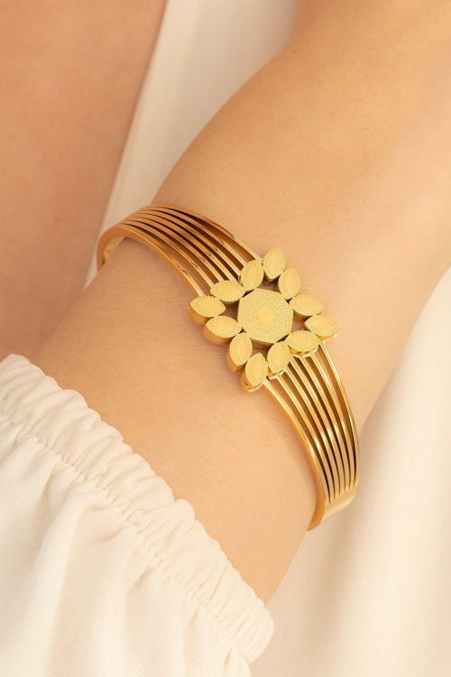 Kadın Bileklik - 22 Ayar Gerçek Altın Kaplama(Kararmaz) Çok Sıra Yaprak Model Çelik Bileklik