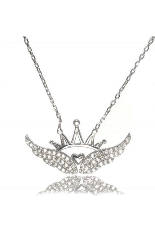 Kanatlı Kraliçe Tacı Bayan Gümüş Kolye Orta Boy