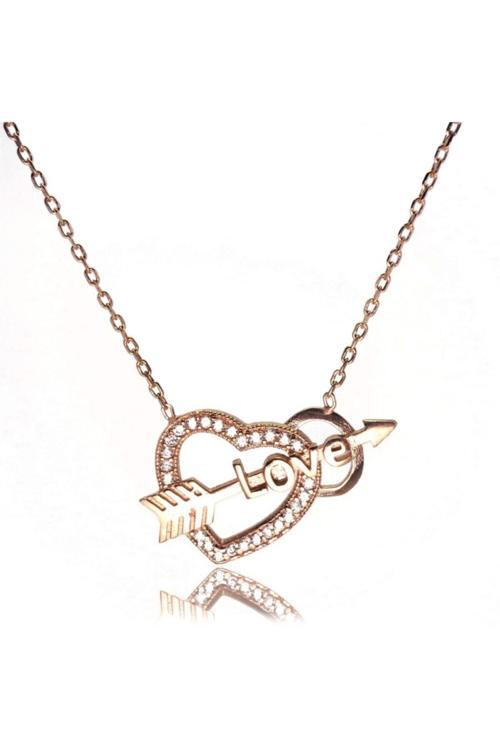 Kalpli Oklu Love Bayan Gümüş Kolye Rose Model