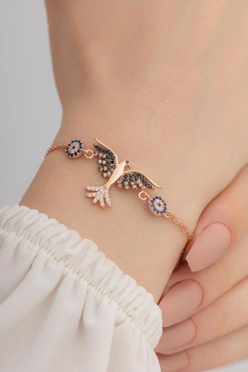 Rose Nazarlıklı Zümrüdü Anka Kuşu Model Gümüş Kadın Bileklik Gblzmrdnkm1-Ros