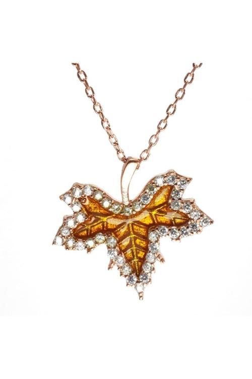 Rose Çınar Yaprağı Bayan Gümüş Kolye Orta Boy