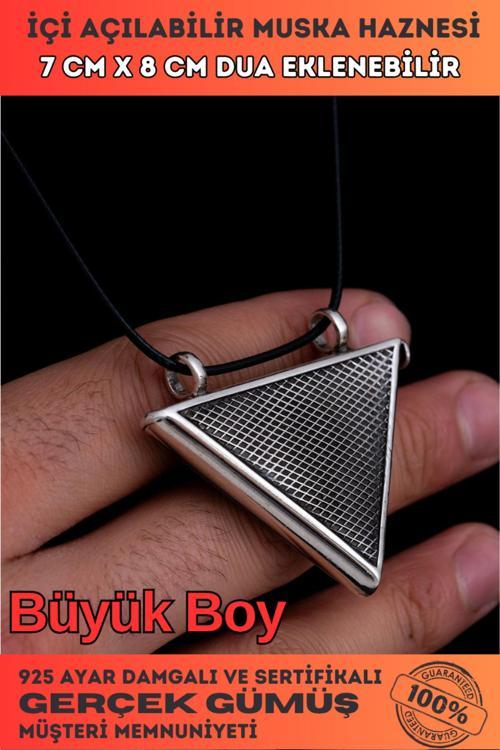 Büyük Boy Baklava Desenli Gümüş Muska Haznesi Deri Kolye Hediyeli