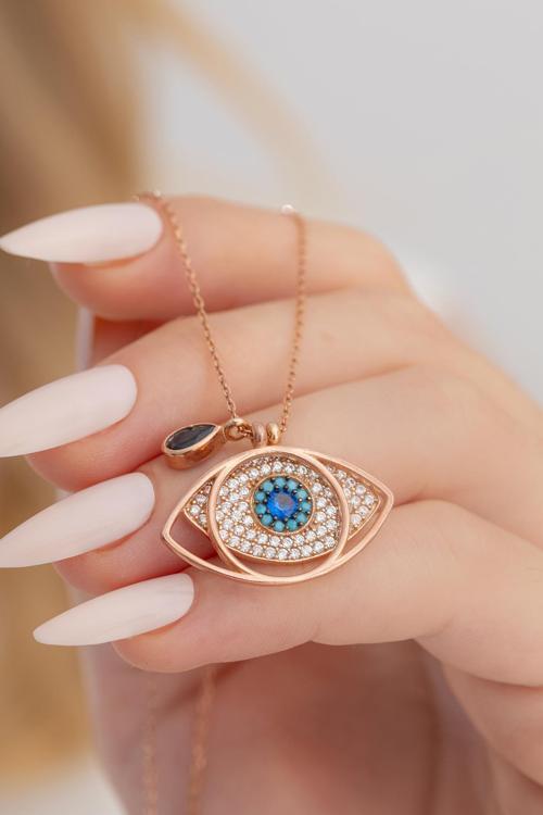 Safir Taşlı Rose Göz Model Gümüş Kadın Kolye Gklgozmodl9-Ros