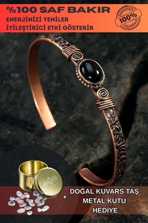 Bakır Kelepçe Bilezik Oniks Doğal Taş Erkek Kadın Kuvars Taşı Ve Metal Kutulu